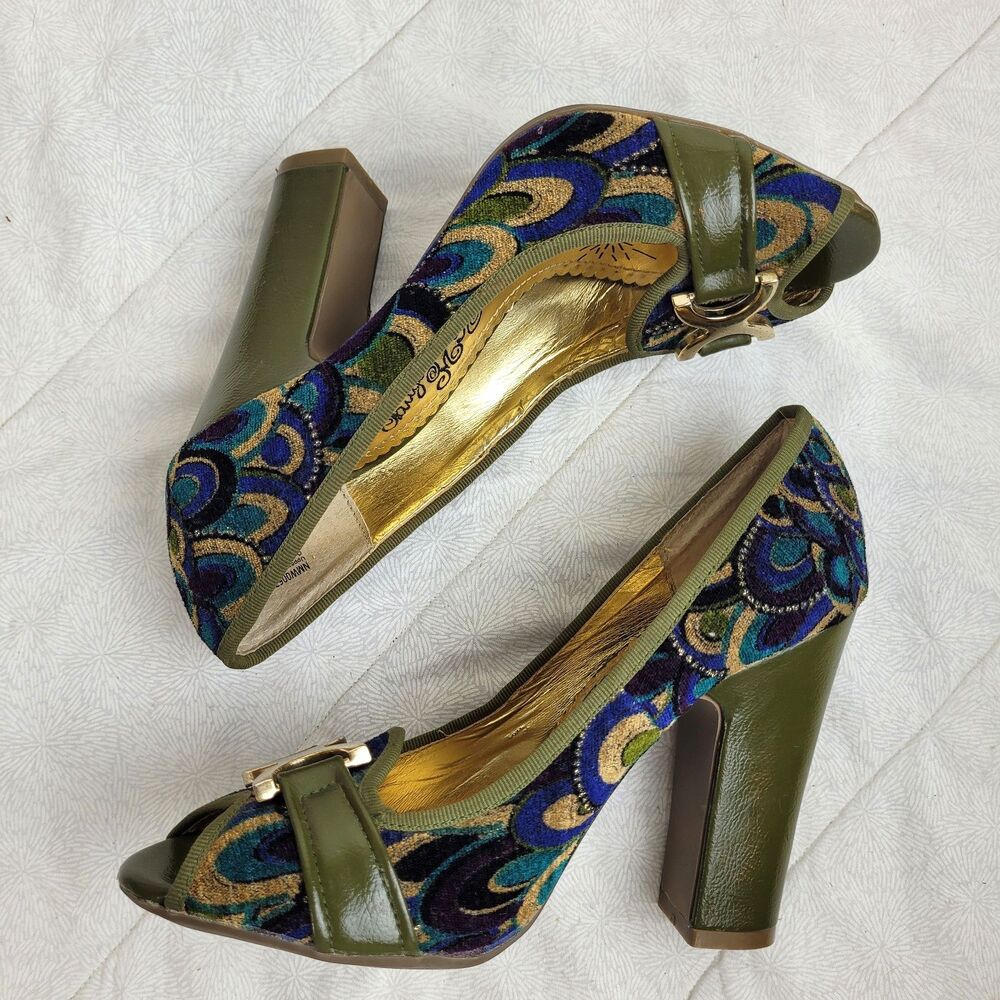 Naughty Monkey Olive Green and Blue Patterned Peep-Toe Block Heels